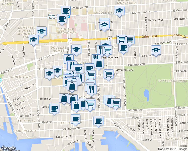 map of restaurants, bars, coffee shops, grocery stores, and more near E Lombard St & S Chapel St in Baltimore