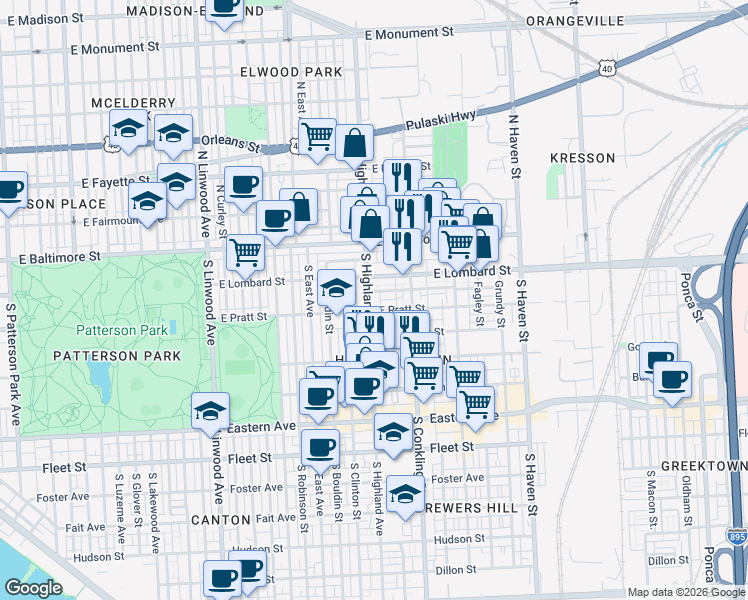 map of restaurants, bars, coffee shops, grocery stores, and more near 111 South Highland Avenue in Baltimore