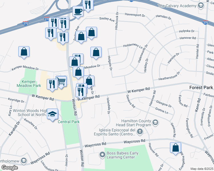 map of restaurants, bars, coffee shops, grocery stores, and more near 1050 West Kemper Road in Cincinnati