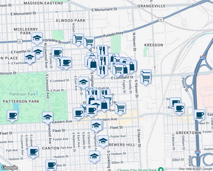 map of restaurants, bars, coffee shops, grocery stores, and more near 121 South Conkling Street in Baltimore