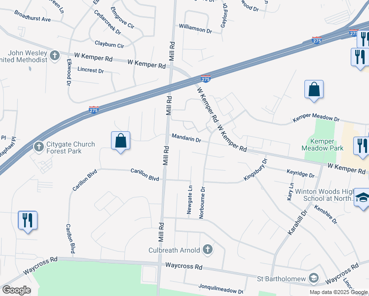 map of restaurants, bars, coffee shops, grocery stores, and more near 1557 Mandarin Drive in Cincinnati