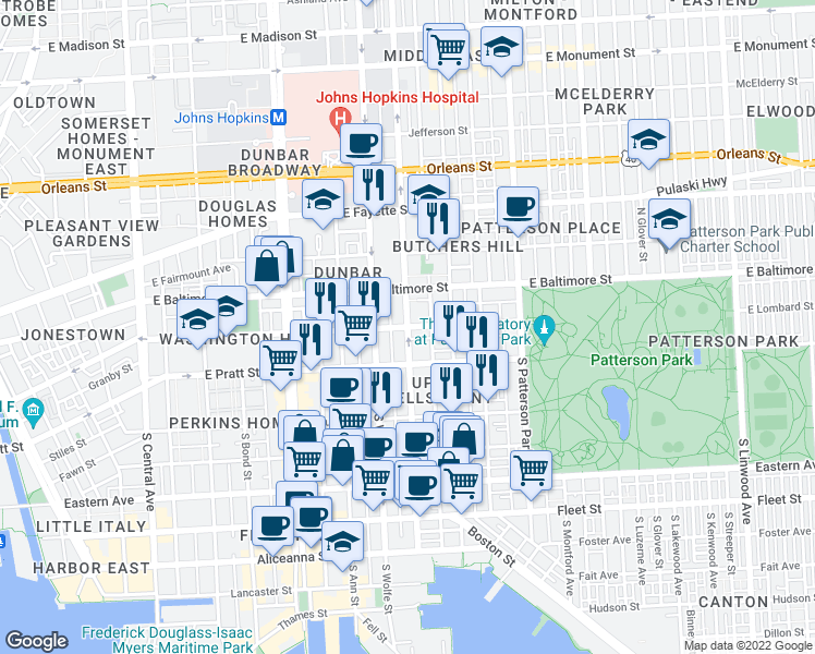 map of restaurants, bars, coffee shops, grocery stores, and more near E Lombard St & S Washington St in Baltimore