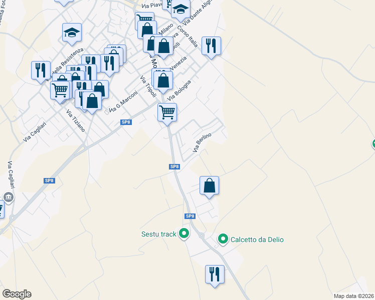 map of restaurants, bars, coffee shops, grocery stores, and more near 35 Vico II Amsterdam in Sestu