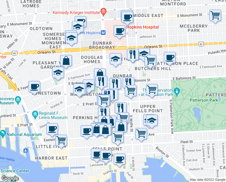 map of restaurants, bars, coffee shops, grocery stores, and more near 30 South Regester Street in Baltimore