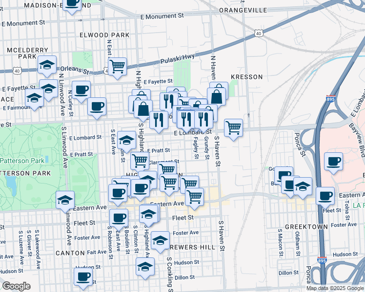 map of restaurants, bars, coffee shops, grocery stores, and more near 126 South Eaton Street in Baltimore