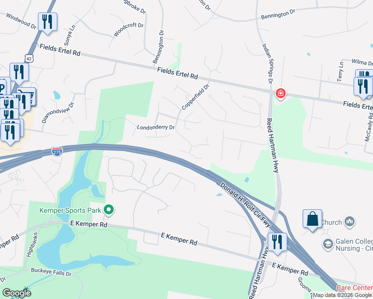 map of restaurants, bars, coffee shops, grocery stores, and more near 5462 Victorian Way in Cincinnati