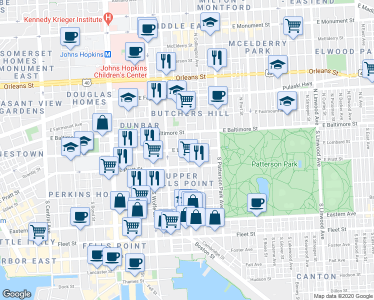 map of restaurants, bars, coffee shops, grocery stores, and more near E Lombard St & S Chester St in Baltimore