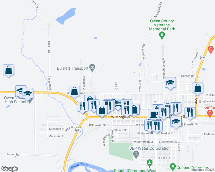 map of restaurants, bars, coffee shops, grocery stores, and more near 635 West Hillside Avenue in Spencer