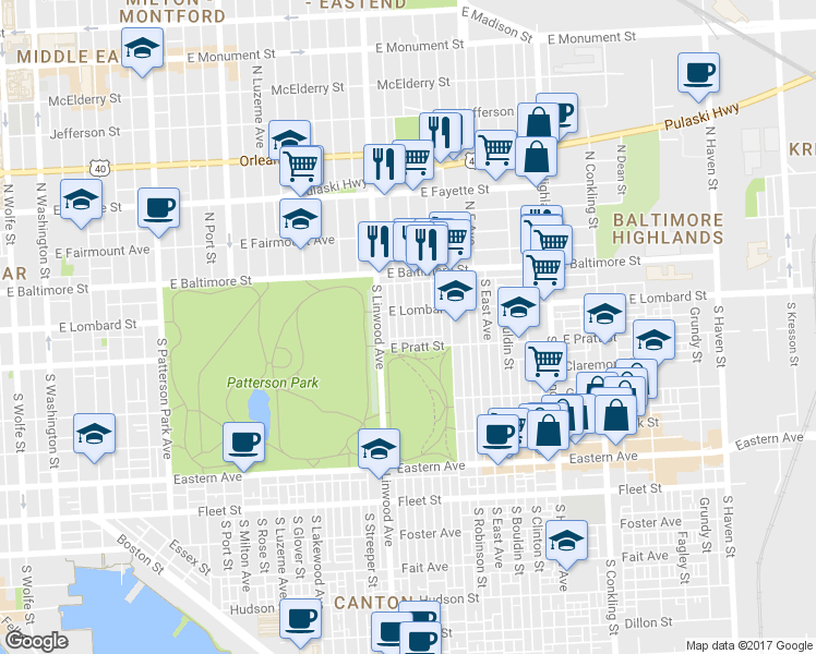 map of restaurants, bars, coffee shops, grocery stores, and more near 122 South Potomac Street in Baltimore