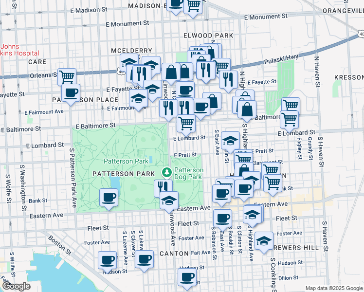 map of restaurants, bars, coffee shops, grocery stores, and more near 122 South Potomac Street in Baltimore