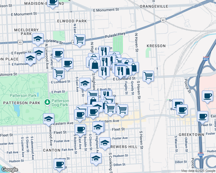 map of restaurants, bars, coffee shops, grocery stores, and more near 119 South Conkling Street in Baltimore