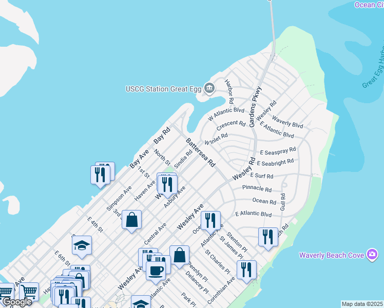 map of restaurants, bars, coffee shops, grocery stores, and more near 204 Battersea Road in Ocean City