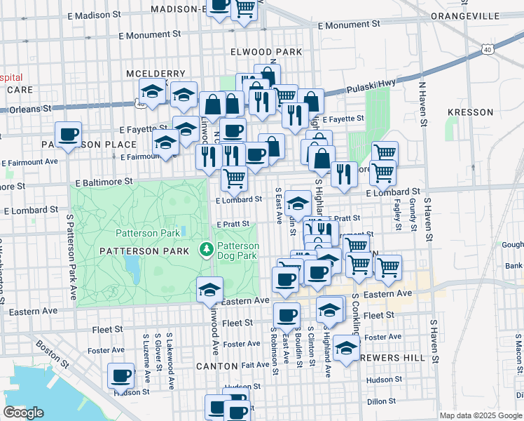 map of restaurants, bars, coffee shops, grocery stores, and more near 101 South Ellwood Avenue in Baltimore