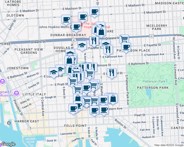 map of restaurants, bars, coffee shops, grocery stores, and more near 1822 East Lombard Street in Baltimore