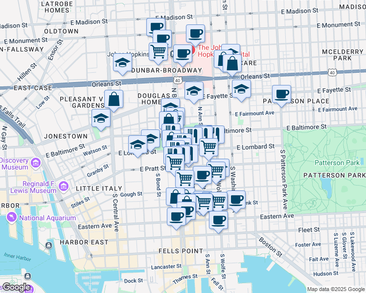 map of restaurants, bars, coffee shops, grocery stores, and more near 19 South Broadway in Baltimore