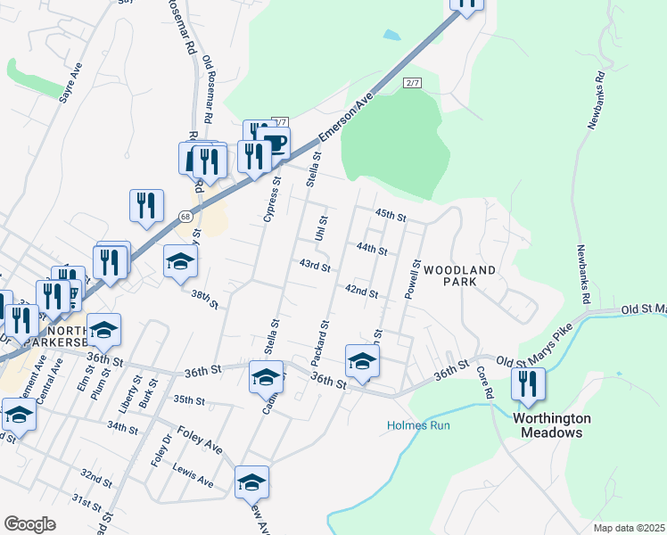 map of restaurants, bars, coffee shops, grocery stores, and more near 4300-4396 Packard Street in Parkersburg