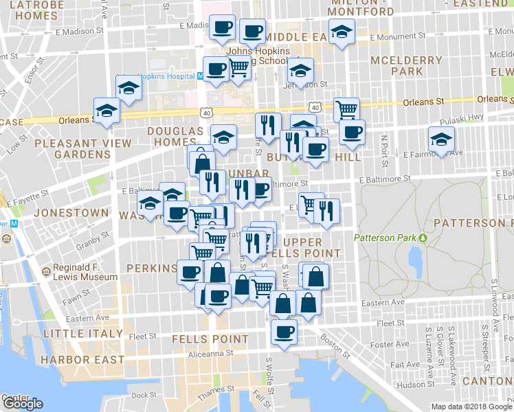 map of restaurants, bars, coffee shops, grocery stores, and more near 1822 East Lombard Street in Baltimore