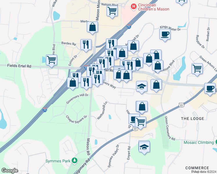map of restaurants, bars, coffee shops, grocery stores, and more near 12087 Mason Way Court in Cincinnati