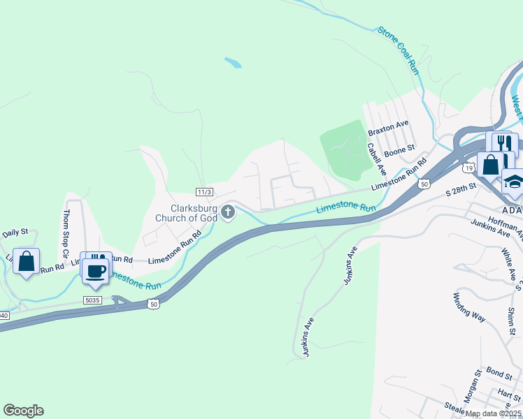 map of restaurants, bars, coffee shops, grocery stores, and more near 2899 Layfield Lane in Clarksburg