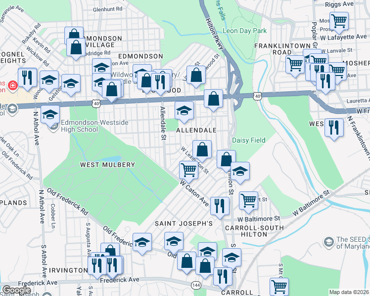 map of restaurants, bars, coffee shops, grocery stores, and more near 3502 West Lexington Street in Baltimore