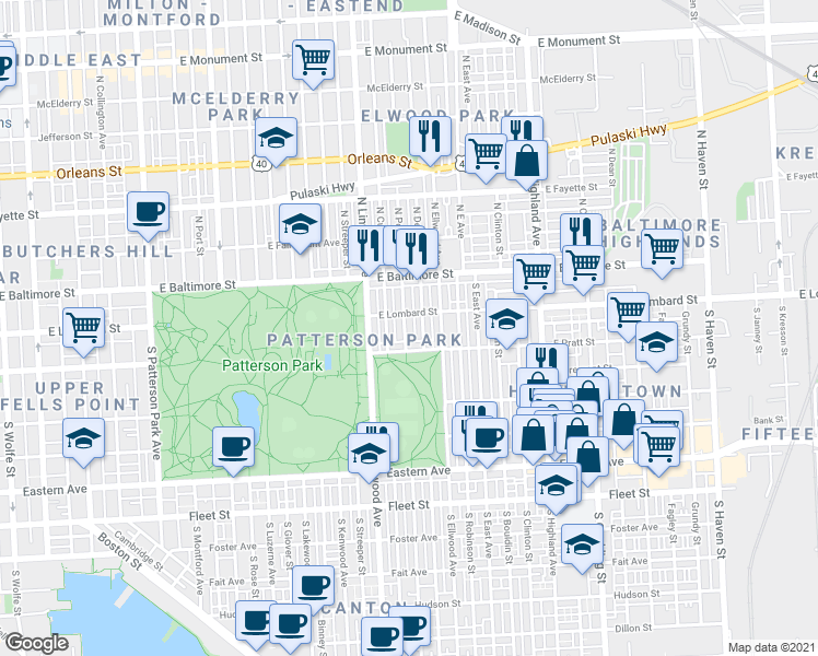 map of restaurants, bars, coffee shops, grocery stores, and more near 119 South Potomac Street in Baltimore
