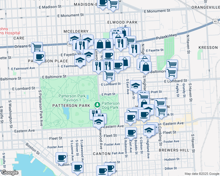 map of restaurants, bars, coffee shops, grocery stores, and more near 119 South Potomac Street in Baltimore