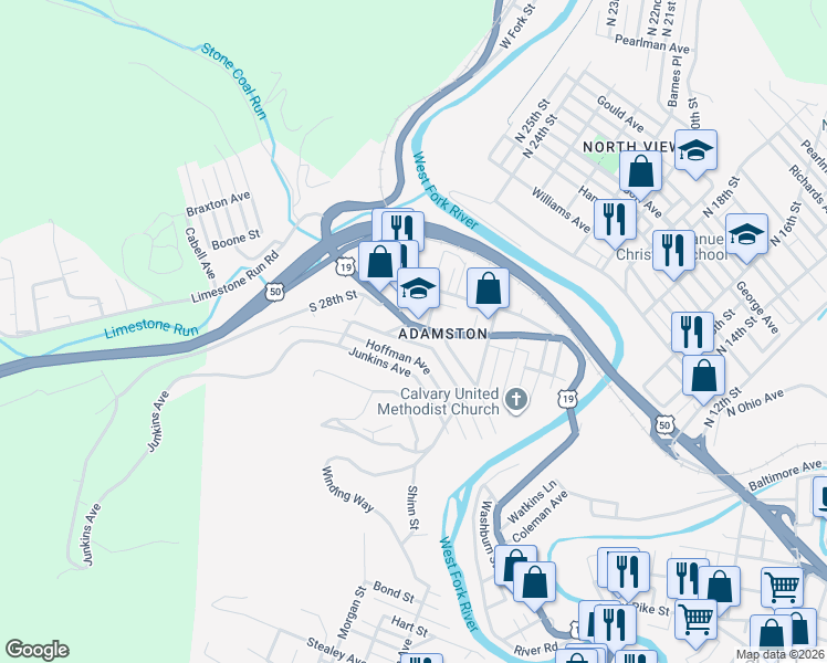 map of restaurants, bars, coffee shops, grocery stores, and more near 1703 West Pike Street in Clarksburg