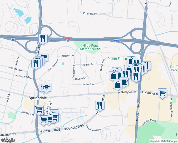 map of restaurants, bars, coffee shops, grocery stores, and more near 150 Balsam Court in Springdale