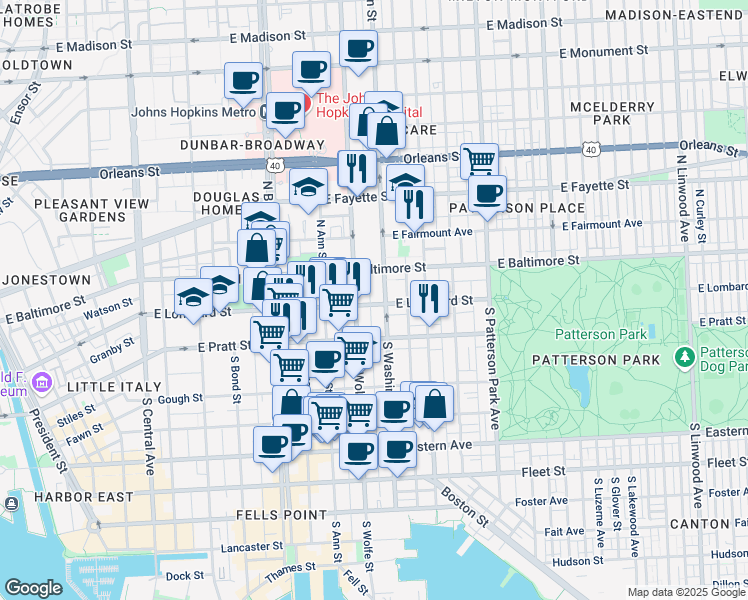 map of restaurants, bars, coffee shops, grocery stores, and more near 1928 East Lombard Street in Baltimore