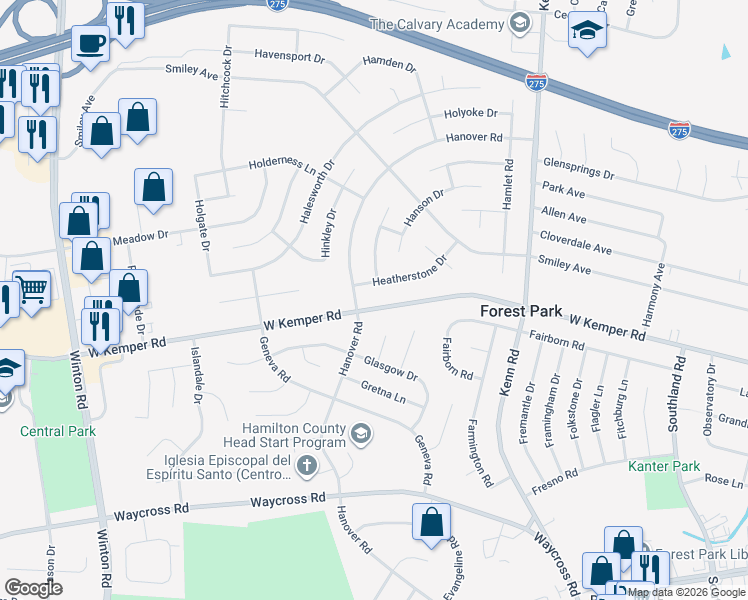 map of restaurants, bars, coffee shops, grocery stores, and more near 875 Heatherstone Drive in Cincinnati