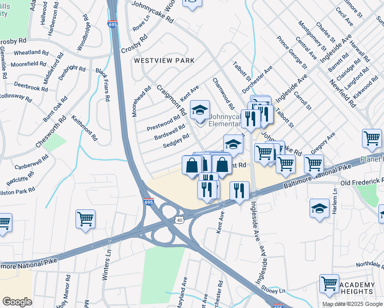 map of restaurants, bars, coffee shops, grocery stores, and more near 918 Southridge Road in Catonsville