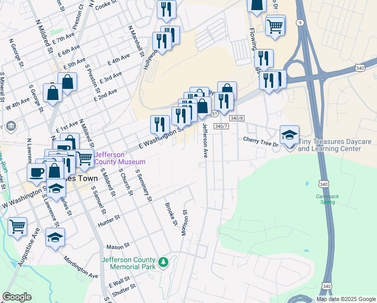 map of restaurants, bars, coffee shops, grocery stores, and more near 109 Alla Willa Drive in Charles Town