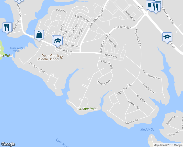 map of restaurants, bars, coffee shops, grocery stores, and more near 710 Walnut Grove Road in Essex