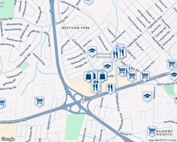 map of restaurants, bars, coffee shops, grocery stores, and more near 918 Southridge Road in Catonsville