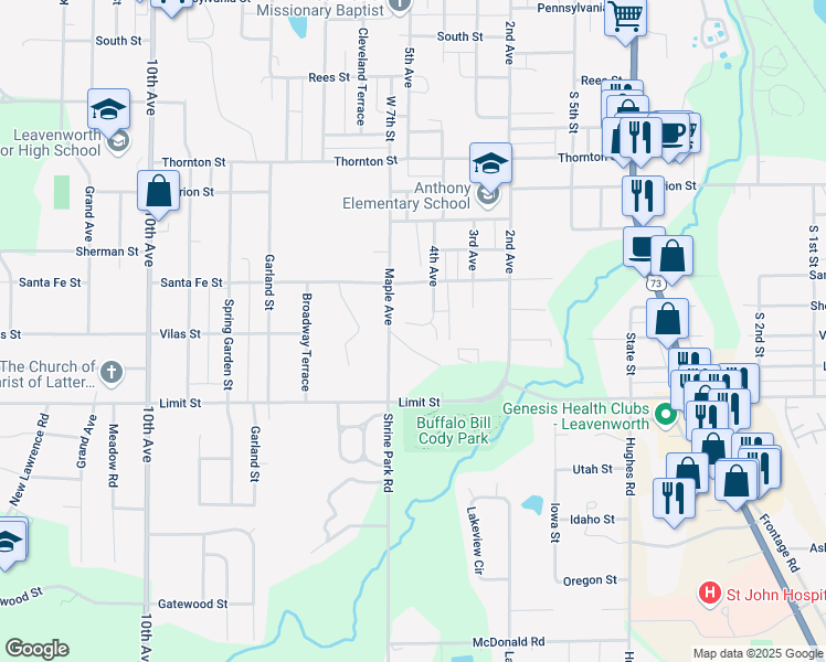 map of restaurants, bars, coffee shops, grocery stores, and more near 661 Sheridan Court in Leavenworth