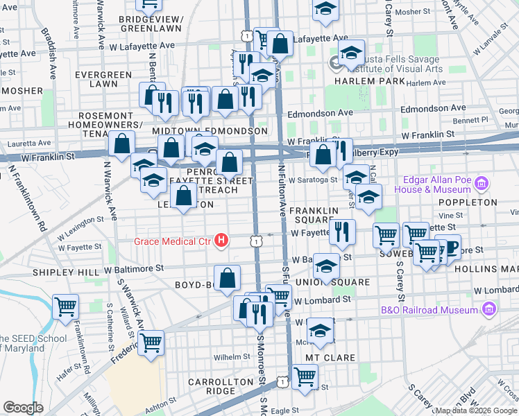 map of restaurants, bars, coffee shops, grocery stores, and more near 205 North Monroe Street in Baltimore