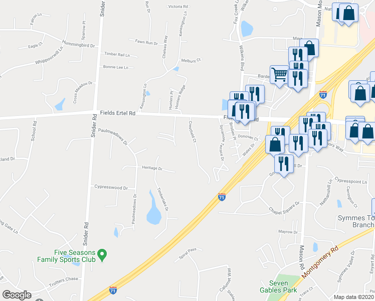 map of restaurants, bars, coffee shops, grocery stores, and more near 12111 Crestfield Court in Cincinnati