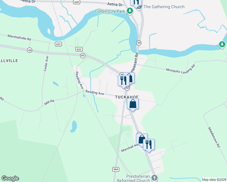 map of restaurants, bars, coffee shops, grocery stores, and more near 119 Reading Avenue in Woodbine