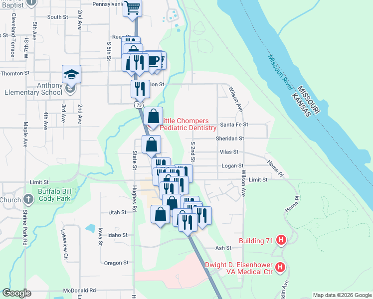 map of restaurants, bars, coffee shops, grocery stores, and more near 2500 South 2nd Street in Leavenworth