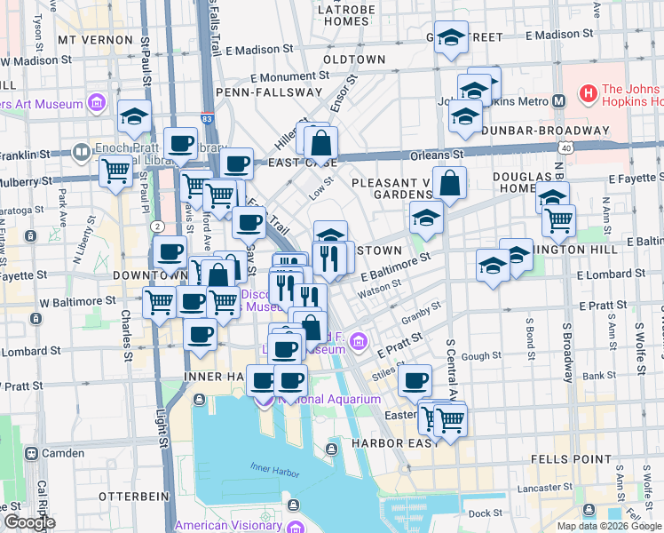 map of restaurants, bars, coffee shops, grocery stores, and more near 805 East Fayette Street in Baltimore