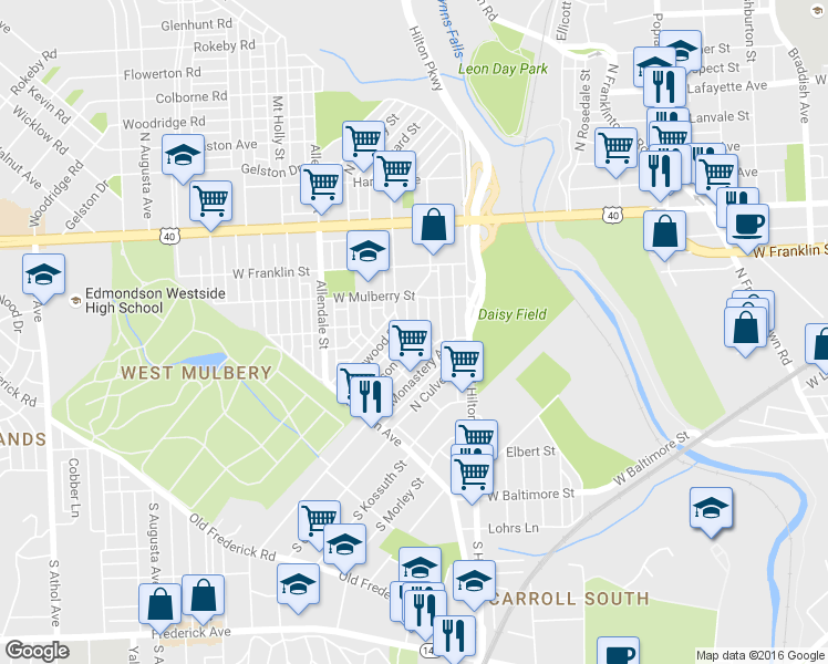 map of restaurants, bars, coffee shops, grocery stores, and more near 300 Denison Street in Baltimore