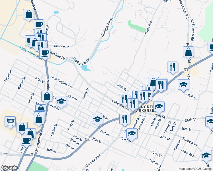 map of restaurants, bars, coffee shops, grocery stores, and more near 3600 Orchard Street in Parkersburg