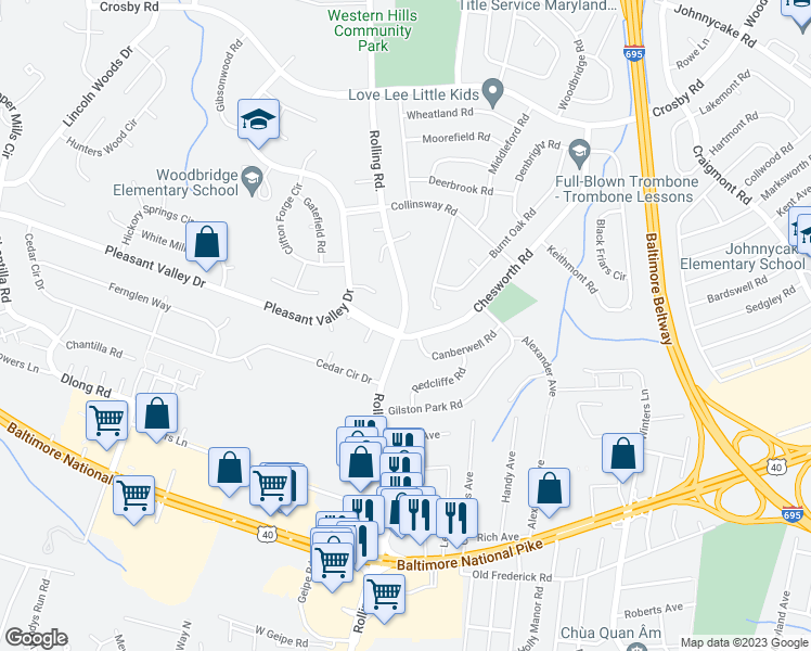 map of restaurants, bars, coffee shops, grocery stores, and more near 1301 North Rolling Road in Catonsville