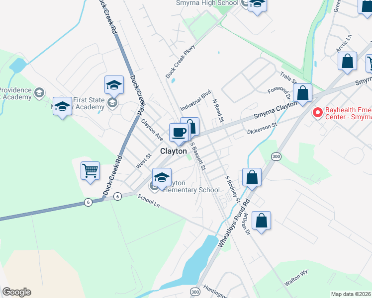 map of restaurants, bars, coffee shops, grocery stores, and more near 300 Smyrna Avenue in Clayton