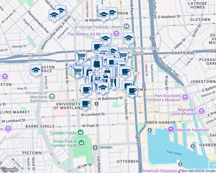 map of restaurants, bars, coffee shops, grocery stores, and more near 111 Park Avenue in Baltimore