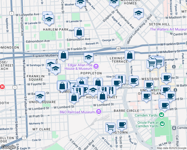 map of restaurants, bars, coffee shops, grocery stores, and more near 939 West Lexington Street in Baltimore
