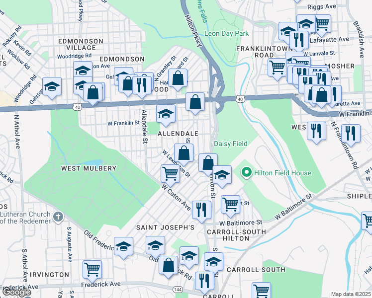 map of restaurants, bars, coffee shops, grocery stores, and more near 300 Denison Street in Baltimore