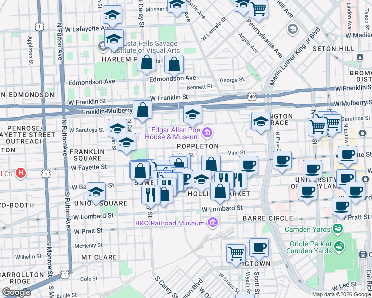 map of restaurants, bars, coffee shops, grocery stores, and more near 1035 West Lexington Street in Baltimore