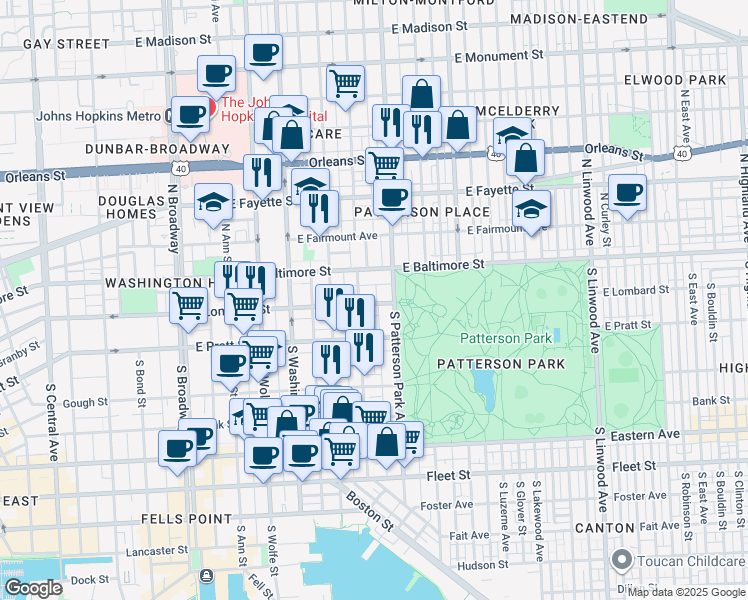 map of restaurants, bars, coffee shops, grocery stores, and more near 2218 East Lombard Street in Baltimore