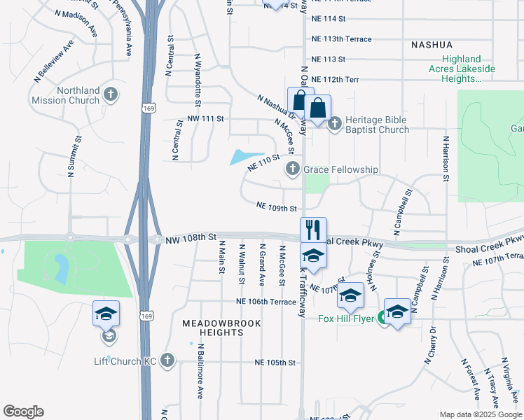 map of restaurants, bars, coffee shops, grocery stores, and more near 201 Northeast 109th Street in Kansas City